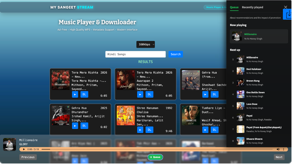 SangeetStream Web Music Player Homepage